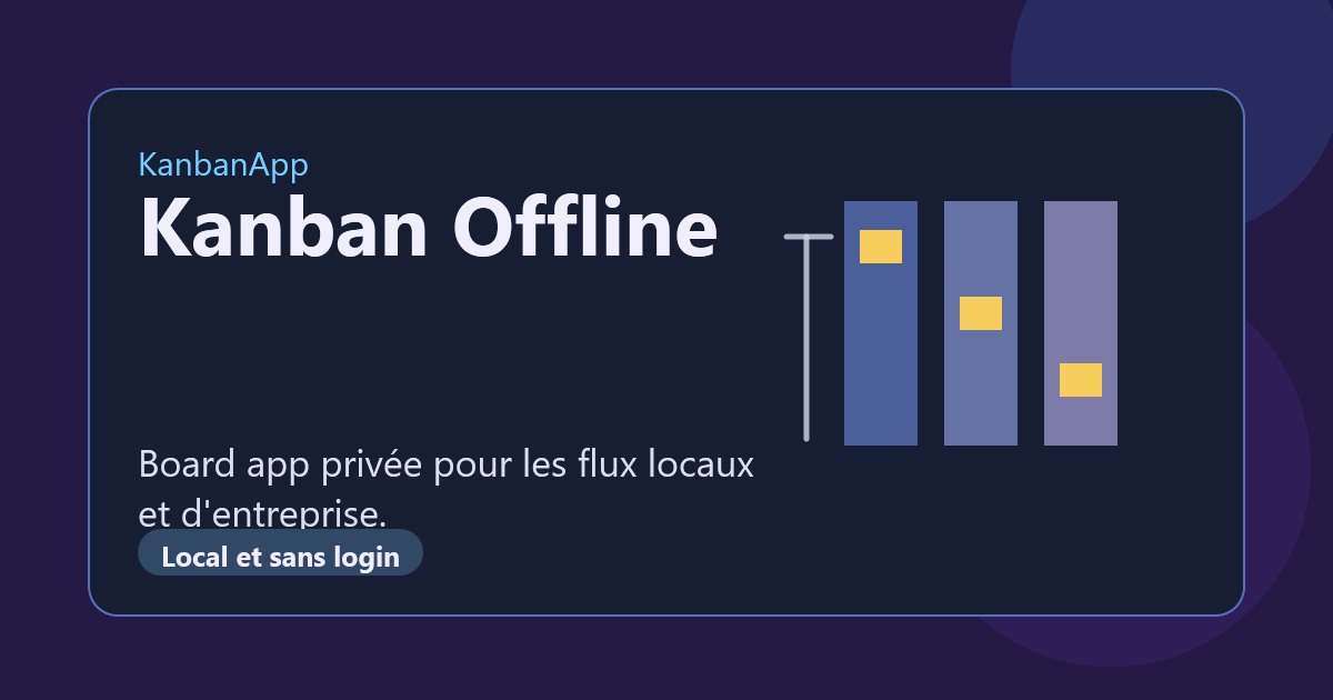 Visuel d’une board app Kanban hors ligne avec données locales et sans login.